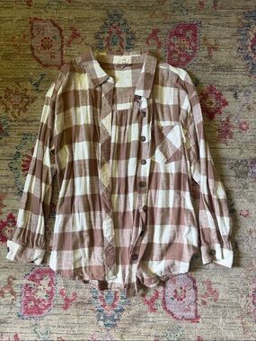 Maurices Plaid Button-Up Shirt in Cream and Brown